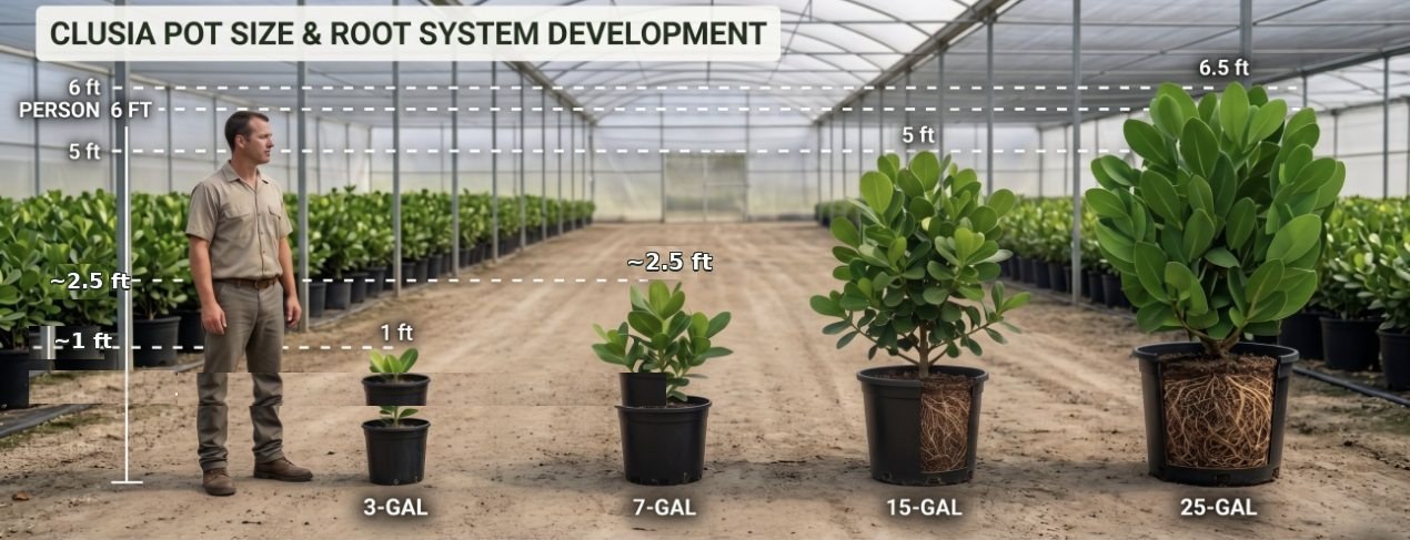 Clusia growth stages to scale beside a 6-ft person: 3, 7, 15, and 25-gallon, with root-system cutaways